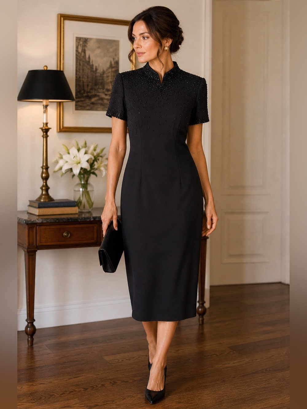 Vintage Black Beaded Sheath Dress Mandarin Collar Short Sleeve Midi Size 6